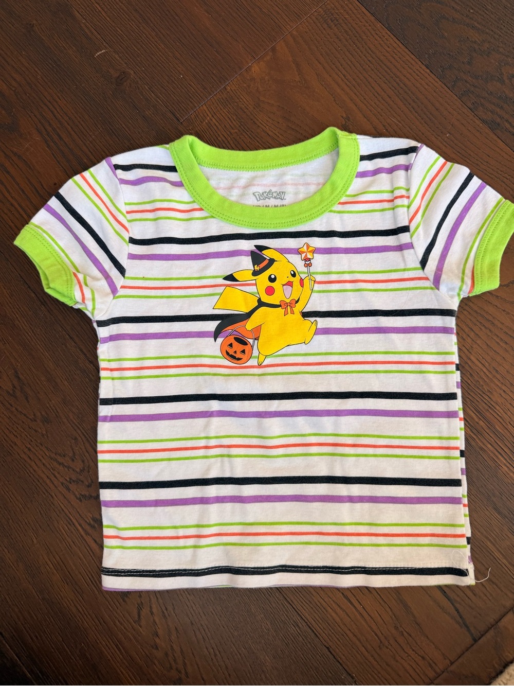 Pokemon Pikachu Halloween Striped Tee - White, Black, Purple & Neon Green